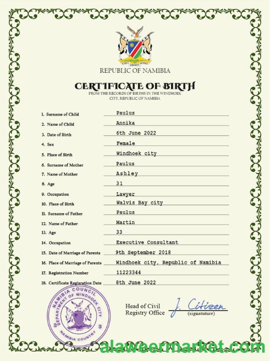 Namibia vital record birth certificate PSD template